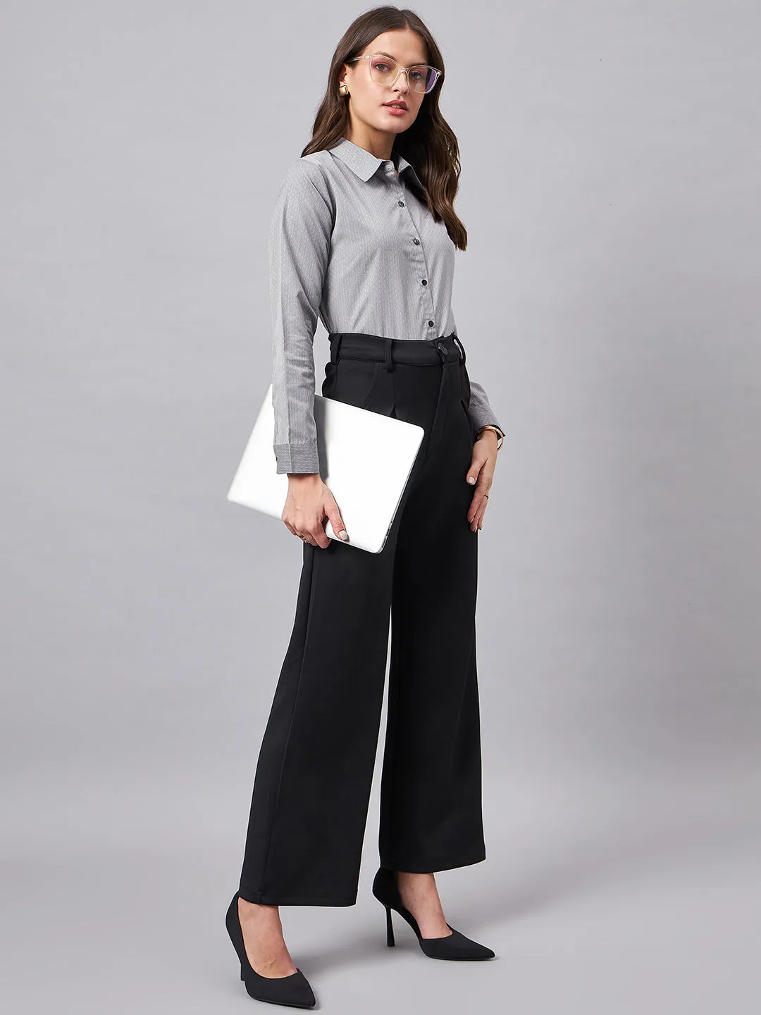 Style Quotient Women Micro Ditys Self Design Grey Polycotton Formal Shirt