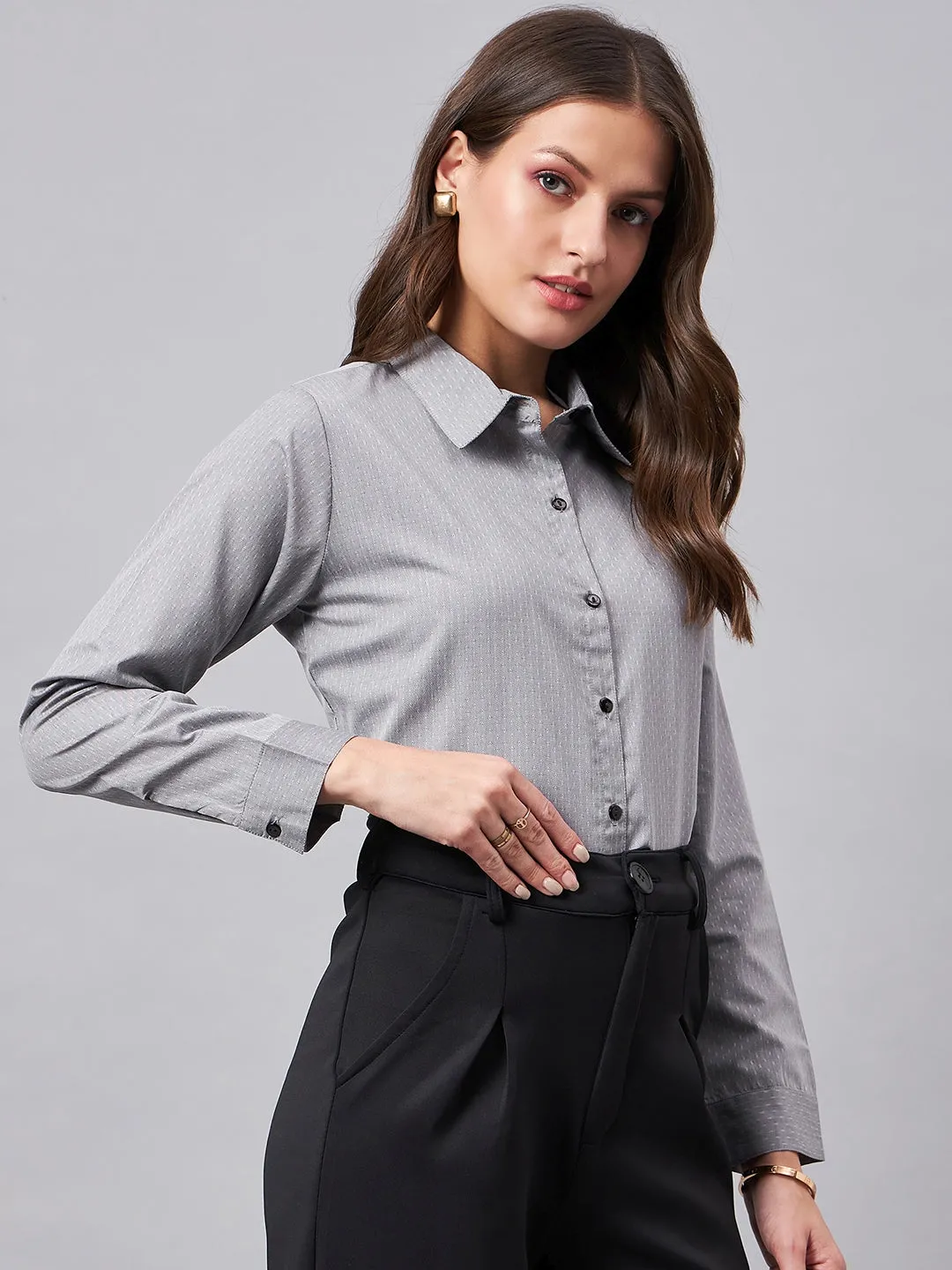 Style Quotient Women Micro Ditys Self Design Grey Polycotton Formal Shirt