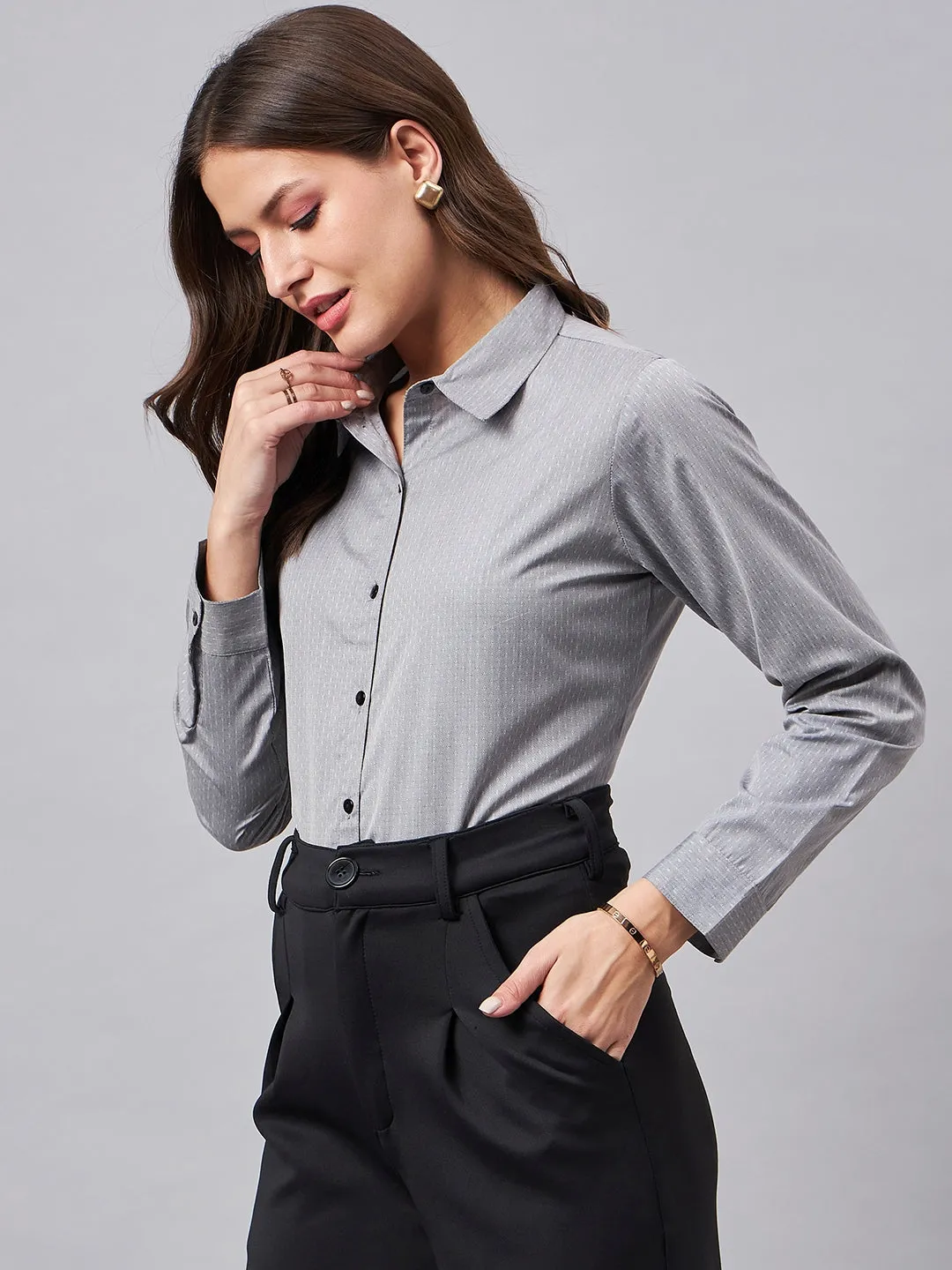 Style Quotient Women Micro Ditys Self Design Grey Polycotton Formal Shirt