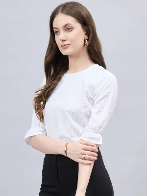 Style Quotient Women Self Design Schiffli White Polycotton Regular Fit Semi Formal Top