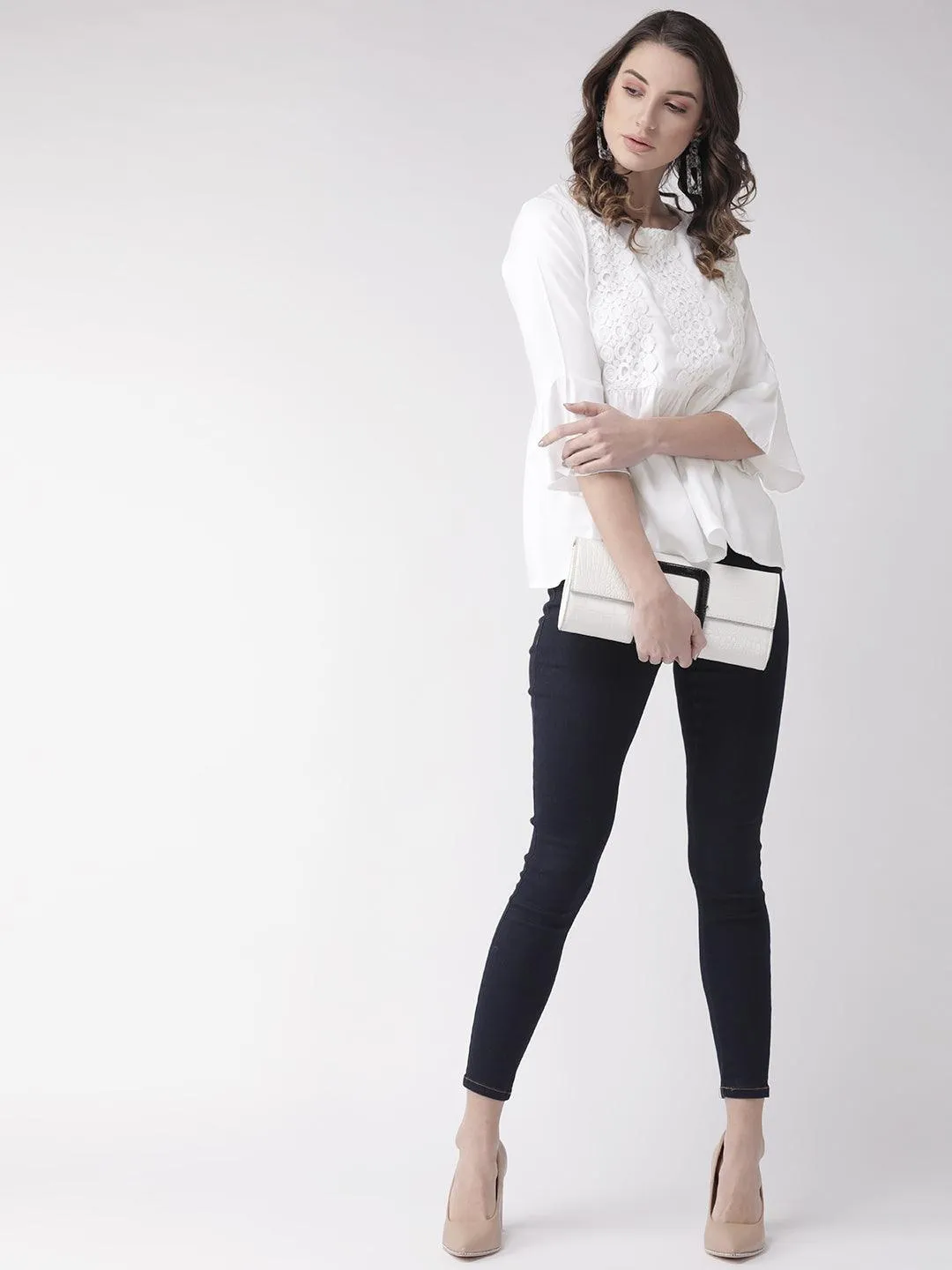 Style Quotient Women Solid White Viscose Rayon Empire Smart Casual Top