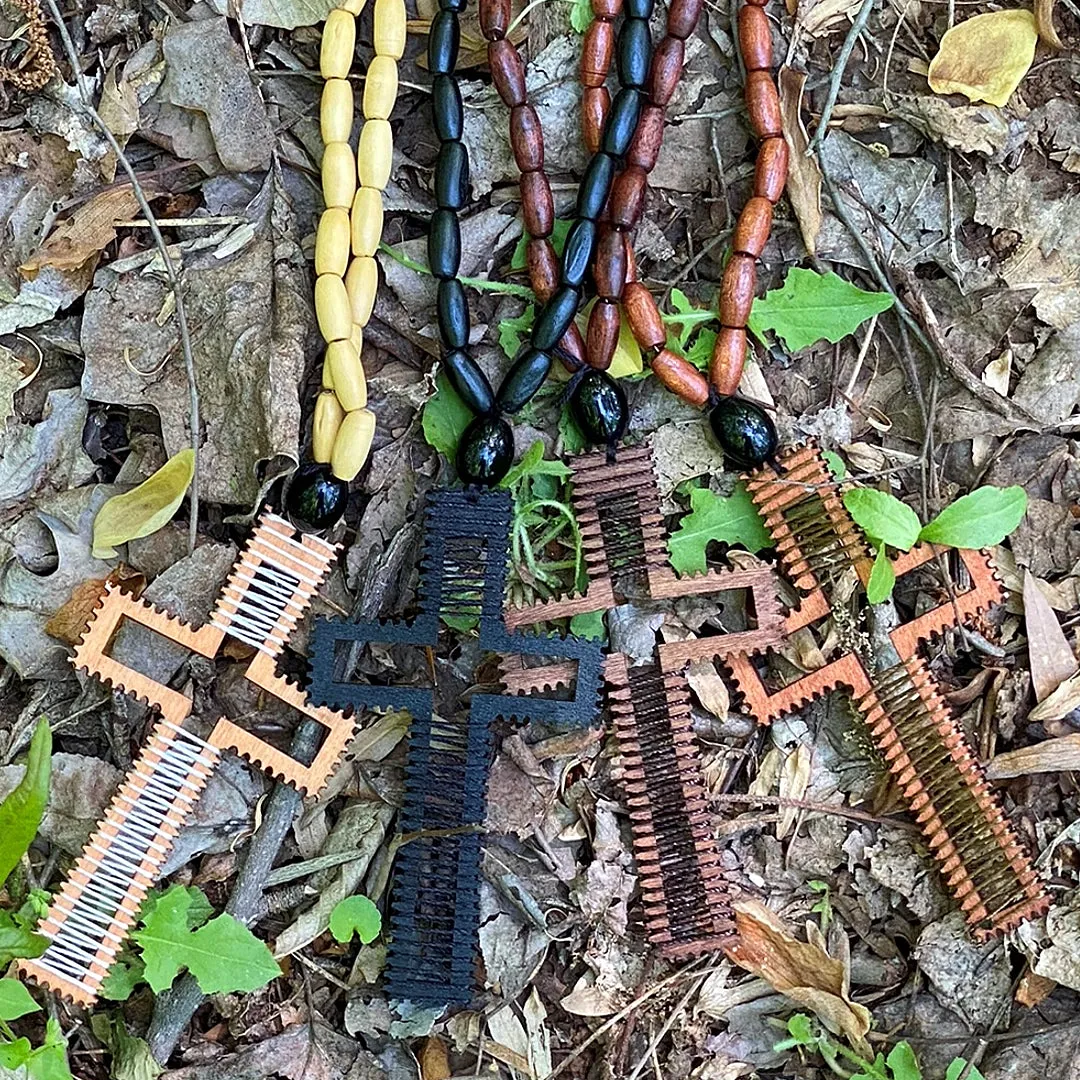 Tan Beaded Woven Cross Necklace
