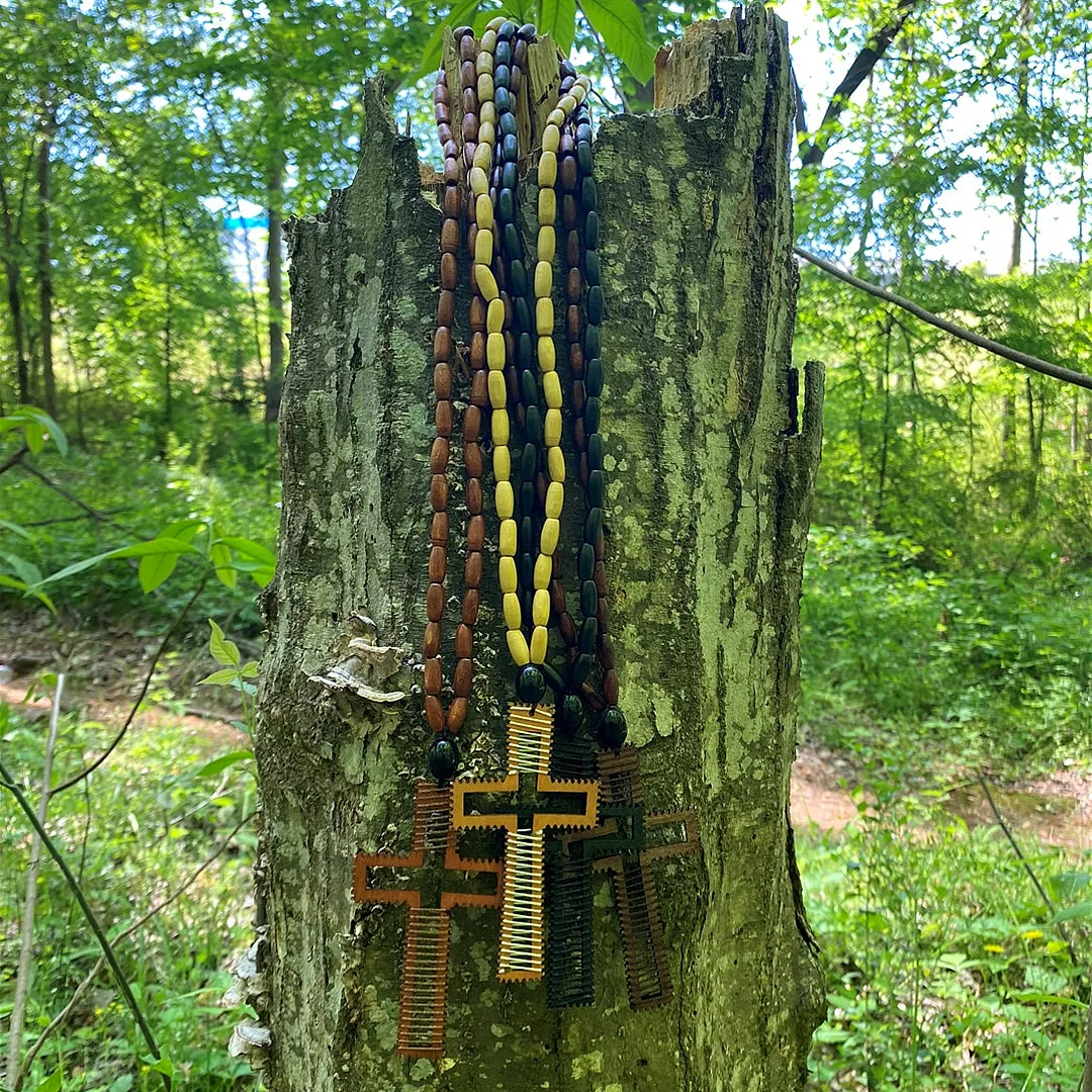 Tan Beaded Woven Cross Necklace