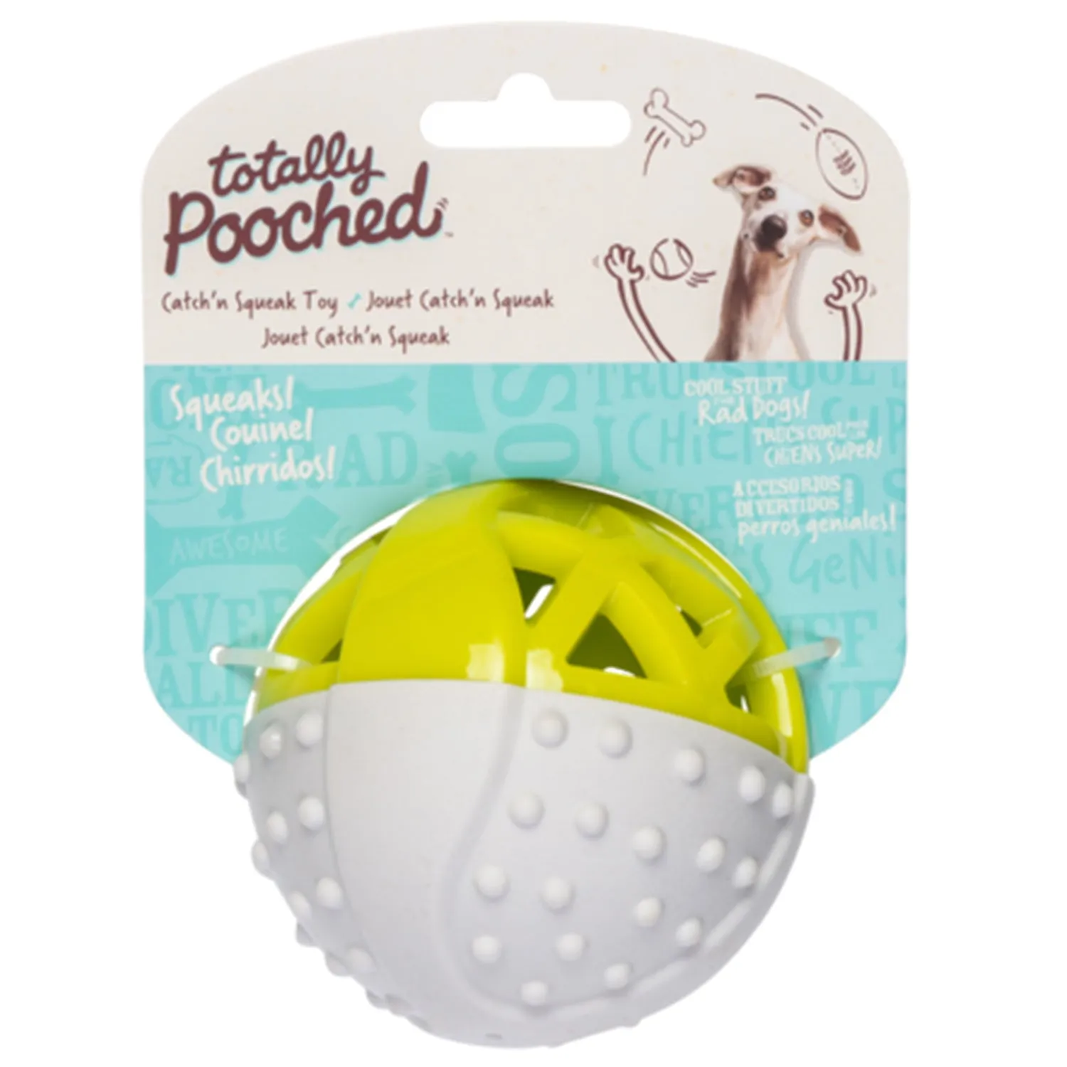 Totally Pooched Catch n' Squeak Rubber Ball Dog Toys (3.5-inch, Grey & Green)