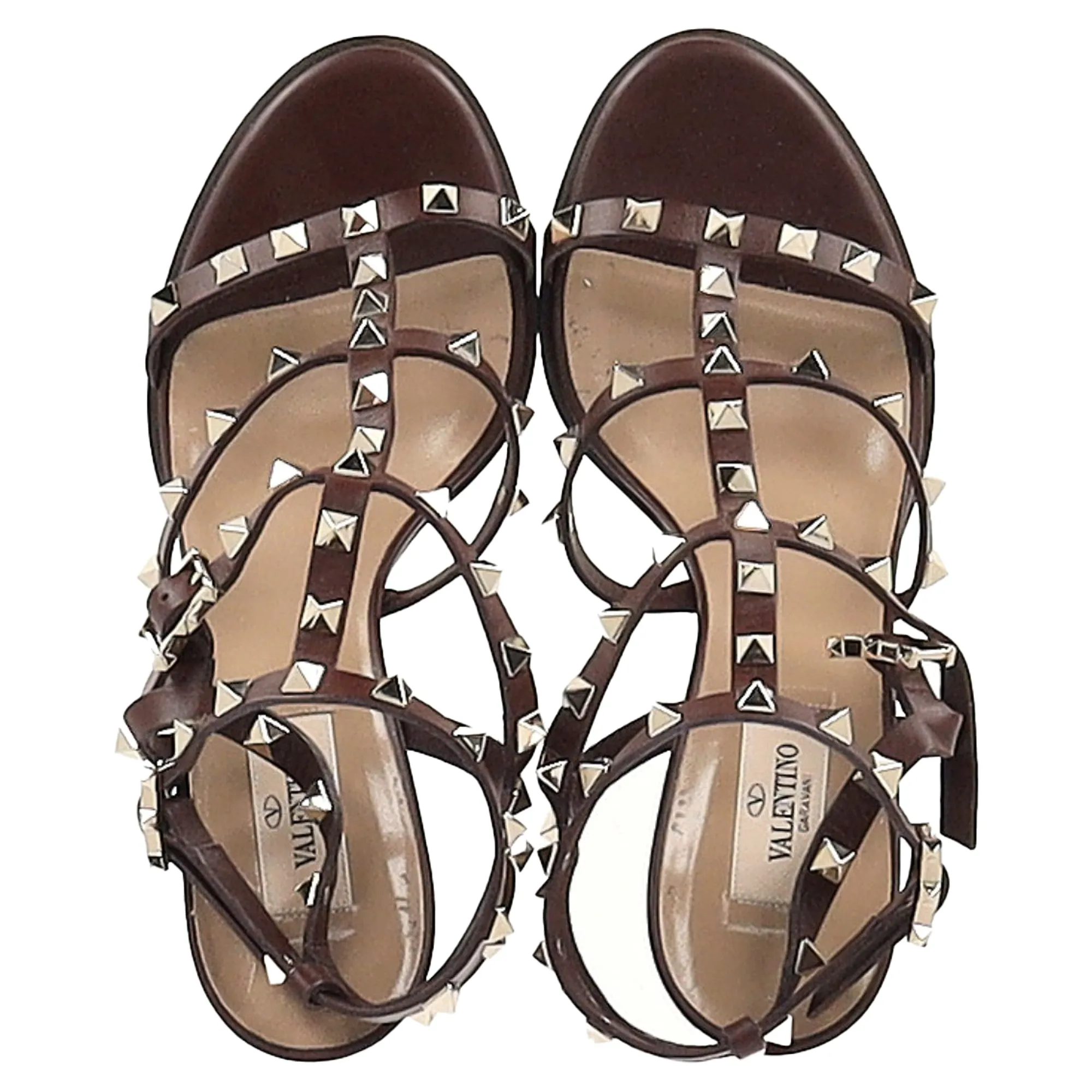 Valentino Rockstud Block-Heel Sandals in Burgundy Leather