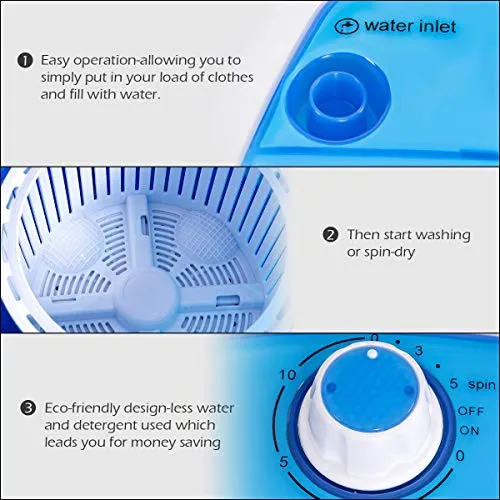 Washing Machine, Electric Compact Laundry Machines Portable Durable Design Washer Energy Saving, Rotary Controller and Washer Spin Dryer(Blue)