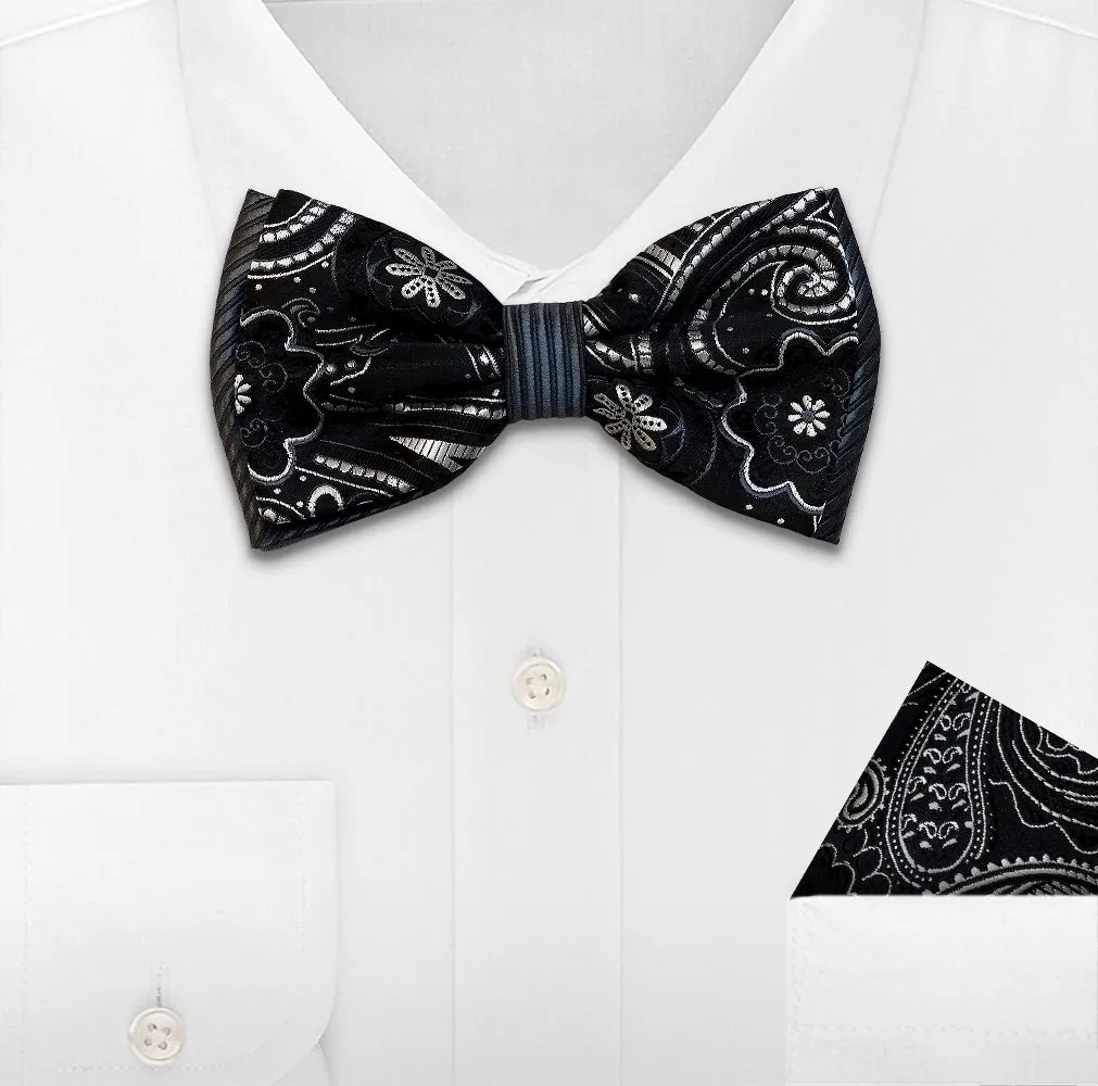 WHITE WOVEN BOW TIE & HANKIE SET