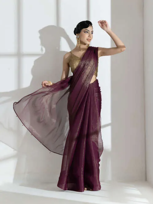 Wine Berry Gold Shimmer Chiffon Saree with Beads and Self Blouse Fabric