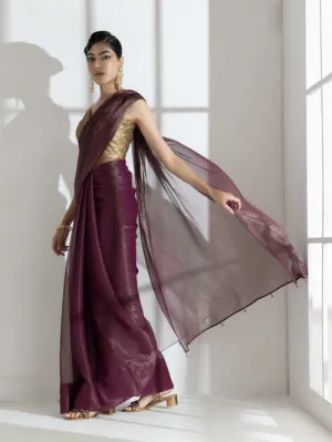 Wine Berry Gold Shimmer Chiffon Saree with Beads and Self Blouse Fabric
