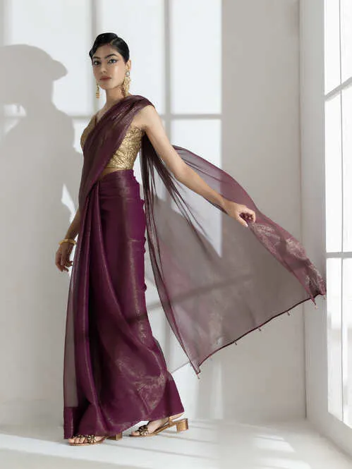 Wine Berry Gold Shimmer Chiffon Saree with Beads and Self Blouse Fabric