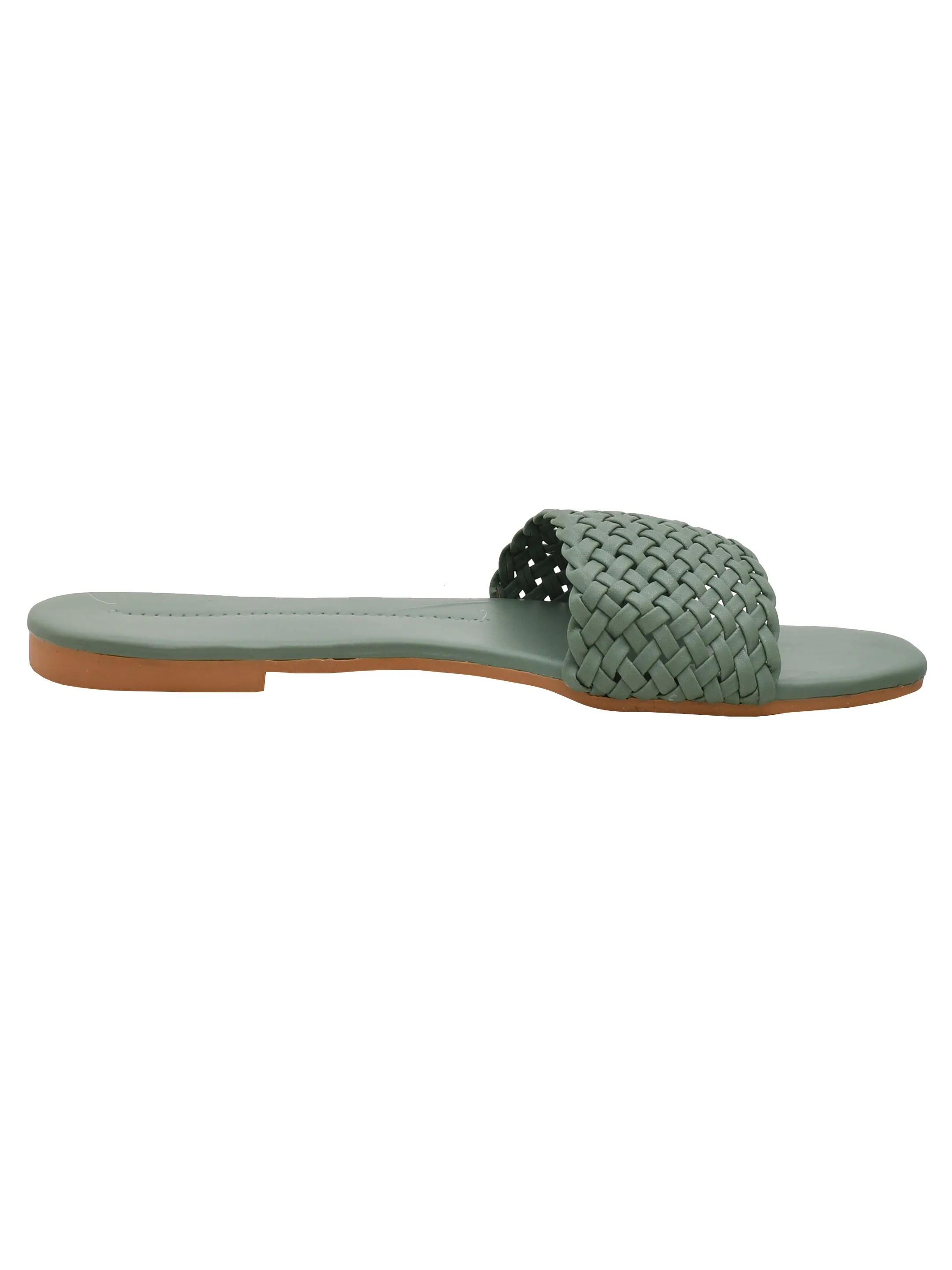 Women Woven Design Open Toe Flats (OMFLT-005-GREEN)